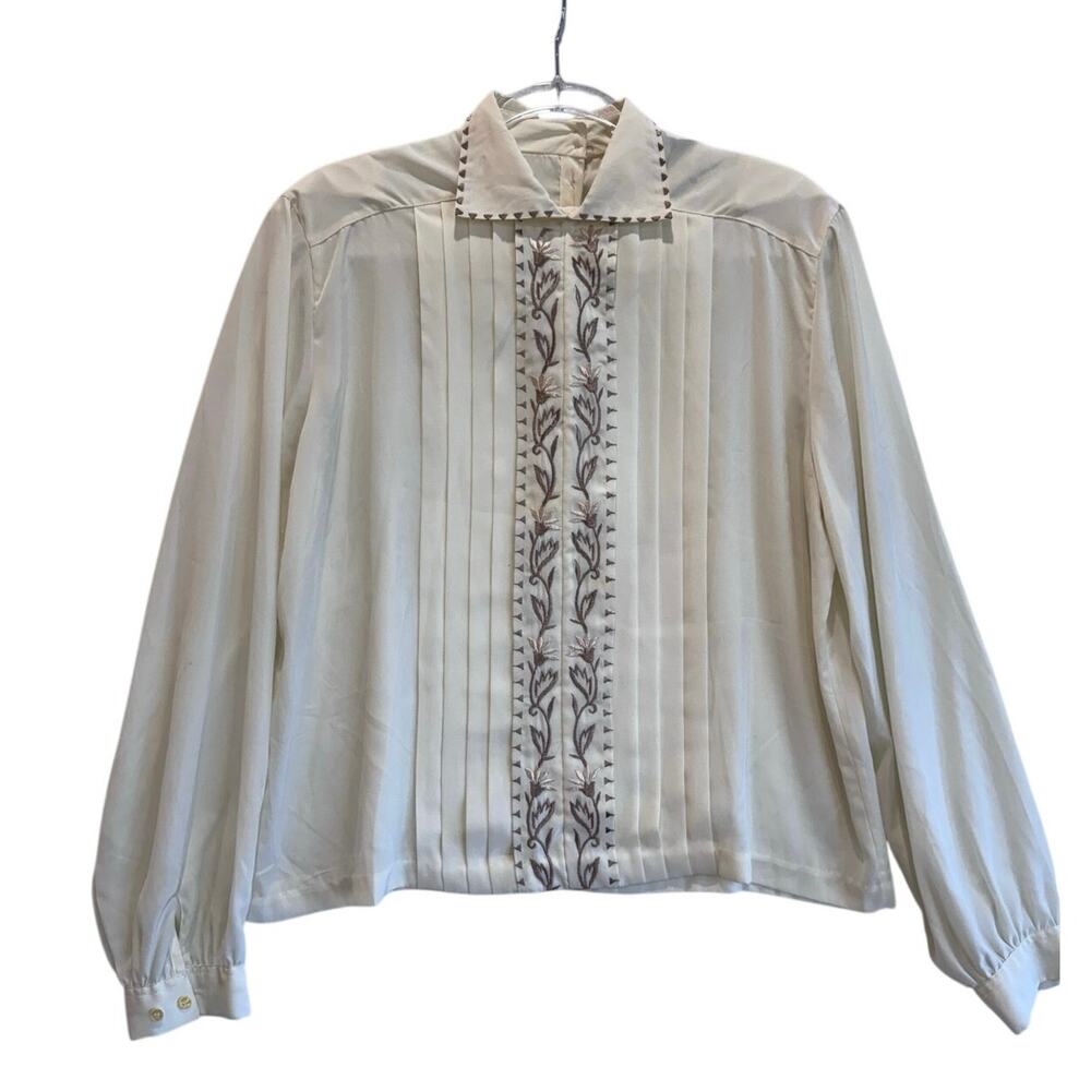 Vintage Gailord Ivory Embroidered Pleated Long Sleeve Blouse cottagecore USA 16